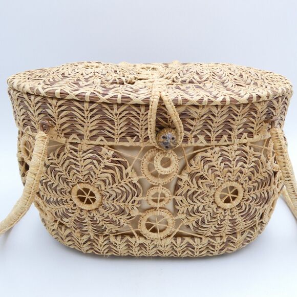 Handmade Woven Pine Straw Basket Purse 10x7 Wood Bottom Retro Boho VTG EUC - Picture 3 of 13